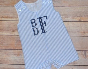 Baby boy summer outfit, baby boy jon jon, seersucker shortall, boy beach outfit, boy baby gift, toddler outfit, toddler romper, seersucker