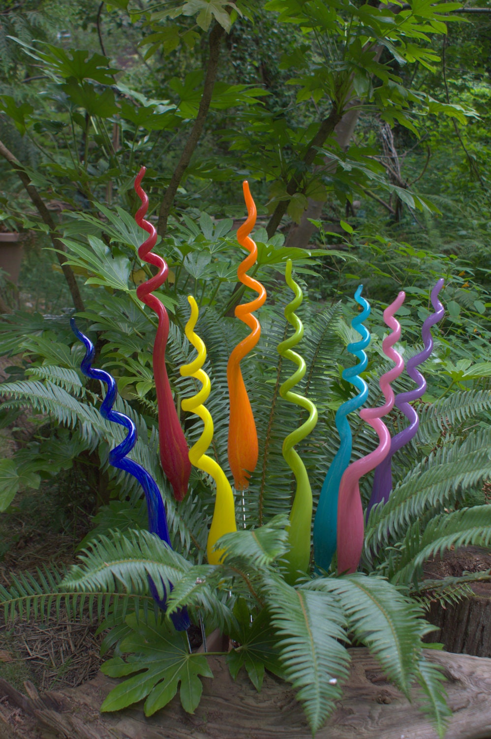 Three Hand Blown Glass Garden Art Plant Stake 24 inches tall Three Hand Blown Glass Garden Art Plant Stake 24 inches tall