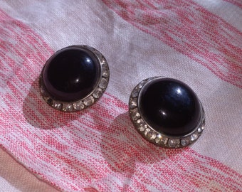 Vintage Round Black Rhinestone Clip On Earrings