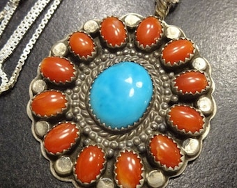 Vintage NAVAJO Sterling Silver CORAL & Turquoise Cluster PENDANT + 18" Chain