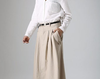 Khaki skirt, maxi skirt, long skirt, casual skirt, linen skirt, summer skirt, pleated skirt, fitted skirt, pockets skirt, gift ideas (903)