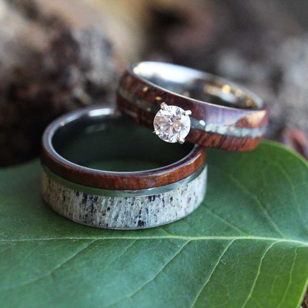 Wood Wedding Ring Set Rustic Bridal Set in Ironwood and