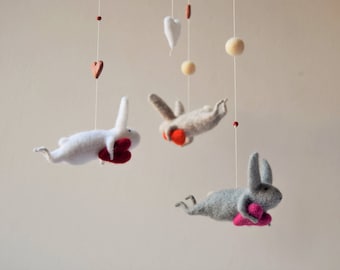 Needle Felted Bunny Mobile, Nursery Mobile, Baby Mobile, Baby Crib Mobile, White Bunny Mobile