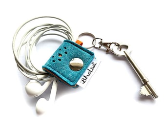 Earphone Holder Organizer Keyring / Cord Organizer Keyring / Felt Earphone Keyring- Teal Blue & Orange- Choose the Accent Color