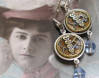 Antique Perfume BUTTON earrings, Victorian velvet with blue hearts on silver earrings. Unique jewellery, present, gift.