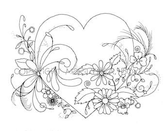 ADULT COLORING PAGE; digital download, heart and flowers, original ink drawing, zentangle, doodling