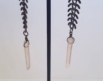 Brass Fishbone Quartz Crystal Earrings - unique - boho - magic - gemstone - jewelry - statements - seattle - gift
