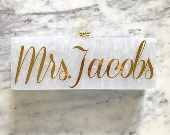 Acrylic Clutch, Box Clutch, Custom Mrs. Clutch, Bridal Clutch, Custom Bride Clutch, Mrs. Purse, Acrylic Purse, Bridesmaid Clutch