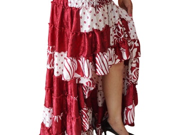 Forever Style Gypsy Hi Low Skirt Printed Recycled Sari Flare Tiered Ruffle Flirty Skirts S/M