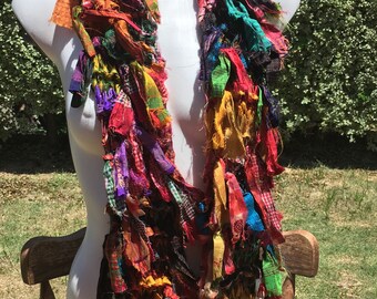 sale multicolored silk scarf, recycled silk scarf, hand knitted silk scarf, boho tattered rag scarf