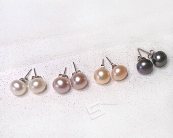 On Sale!! 9-10MM Real Pearl In Sterling Silver Earrings Set, 4 Color Sets FreshWater Pearls In 925 Silver Stud Earrings, Bridalmaids Gift