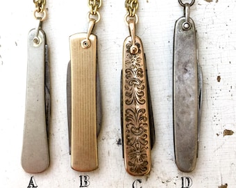 1 Fob Knife necklace pocket knife pendant. Watch chain fob. folding knife pocket 2 blade 1920s deco etched gold victorian Bulk Discounts A25
