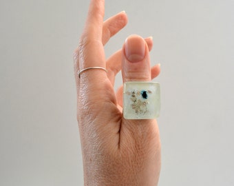 Artisan ring, Glass ring, Statement ring, Sustainable summer jewelry, Adjustable ring, White ring, Chunky ring, Fused glass jewelry
