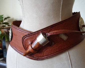 Vintage Moroccan Leather Belt with Silver Metal Conchos and Horn Clasp/Buckle