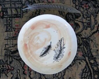 Ceramic Woodland Feather Plate Hand Drawn Fine Art Plate One of a Kind Gift Idea Home Decor, Handmade Artisan Pottery by Licia Lucas Pfadt