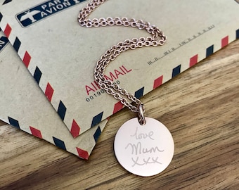 Mother's Day gift - Engraved ROSE GOLD pendant necklace with a handwritten note - Personalised pendant, custom engraving, wedding gift