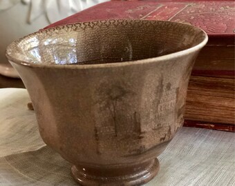 Antique Ironstone Transferware Handleless Cups, Mocha Tea Stained, Deep Color, Dark Tea Stained, 12 Panel, Ribbed, Footed, One Chip