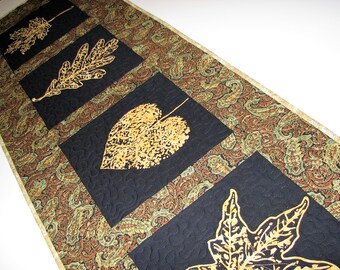 Autumn Quilted Table Runner, Black and Gold Leaf Quilted Table Mat, Elegant Paisley Table Runner, 16 in. x 46 in., Quiltsy Handmade