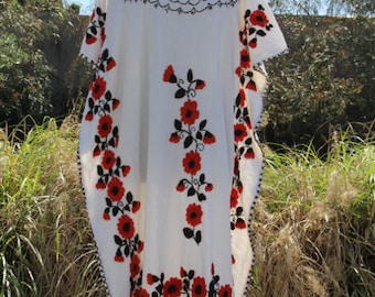 vintage cotton mexican gauze white caftan dress with floral embroidery open size
