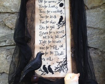 Crows' Lullaby Halloween cross stitch pattern by The Primitive Hare at cottageneedle.com OPTIONAL threads monochromatic October