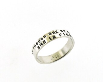 And Though She Be But Little, She Is Fierce, hand stamped sterling silver ring, Shakespeare quote jewelry, ring band by Kathryn Riechert
