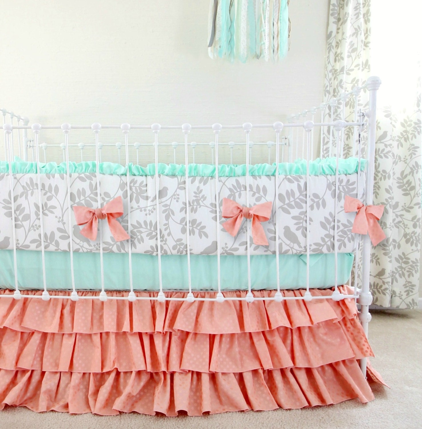 Peach Mint Gray Crib Bedding Set Woodland Birds Baby Bedding