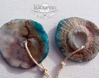 Set of 2 large rustic organic woodfired porcelain discs pendants hoops Mineral blue by KaouennCeramics