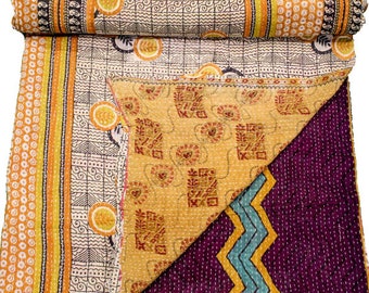 A Vintage Handmade Kantha Quilt, Boho Bedding, Vintage quilt, Kantha Throw, Reversible Quilt VKQ1726