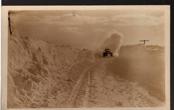 Winter Scene + Snow Plow Driving Through Snow + Vintage Photo Postcard