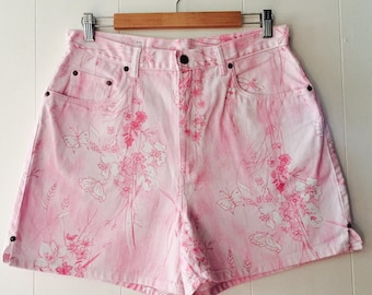 Pink Floral High Waisted Denim Shorts