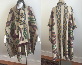 Vintage 80s SOUTHWESTERN Aztec Poncho Cape Boho Top Scarf + FRINGE Tribal OSFM