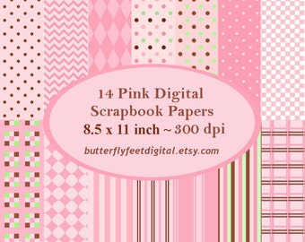 Pink Digital Paper, 14 Printable Scrapbook Papers, Scrapbooking, Card Making, Letter Size 8.5x11, Instant Download