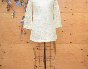 Vintage 60's Silver Floral Lace MOD Bell Sleeve Glam Hourglass Mini Dress SZ S