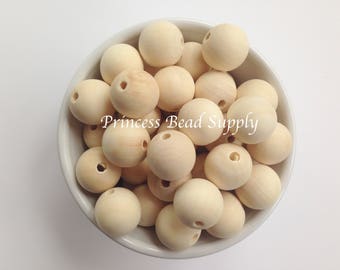 20mm Natural Wood Round Teething Beads, Wood Beads, Natural Unfinished Wood Teething Beads, Natural Wooden Beads