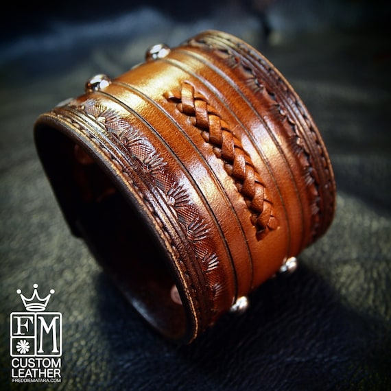 Leather cuff bracelet Classic Old West Brown Vintage style Rock and Roll Stamped and Tooled for YOU in USA by Freddie Matara