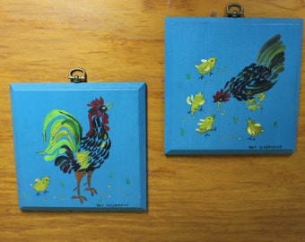 Vintage Pair of Rooster Paintings on Wood Panels