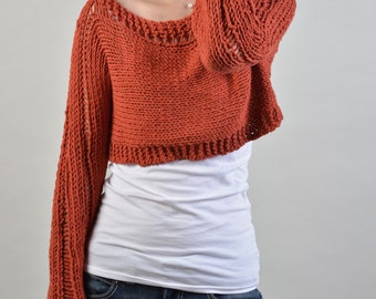 Hand knit sweater, Little shrug, cover up top in Brick Red