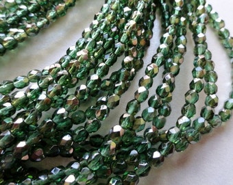 4mm Fire polished beads - Prairie Green - Czech Beads - Forrest Green Faceted Rounds - Bead Soup Beads