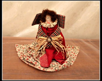 Country Folk Art Wooden Angel Doll, Rustic Wooden Fabric Ribbon and Lace Angel, Red & Green Holiday Angel, Primitive Angel, Christmas Angel