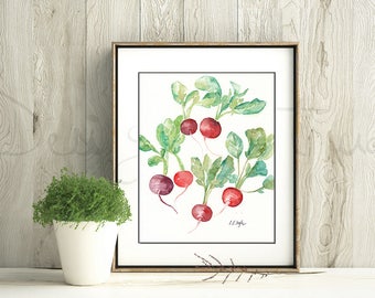 Kitchen Wall Art, watercolor radishes, original watercolor painting, red decor, kitchen decor, watercolor wall art, vegetable art, botanical