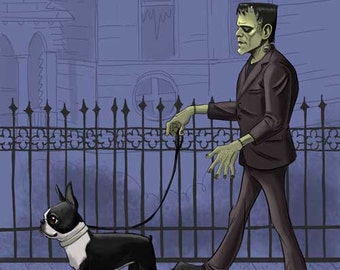 boston terrier art, print, frankenstein monster, bride of Frankenstein, walking a boston terrier