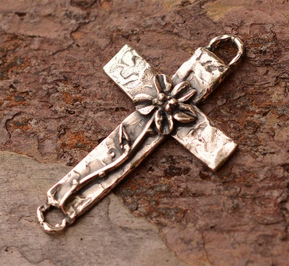 Artisan Cross with Long Stemmed Flower in Sterling Silver
