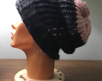 Black and pink slouchy knit hat