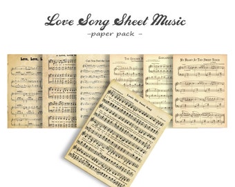 VINTAGE SHEET MUSIC - Digital Paper Pack - 7 Romantic Love Songs -Instant Download Digital Printable Papers- Wedding, Valentines more