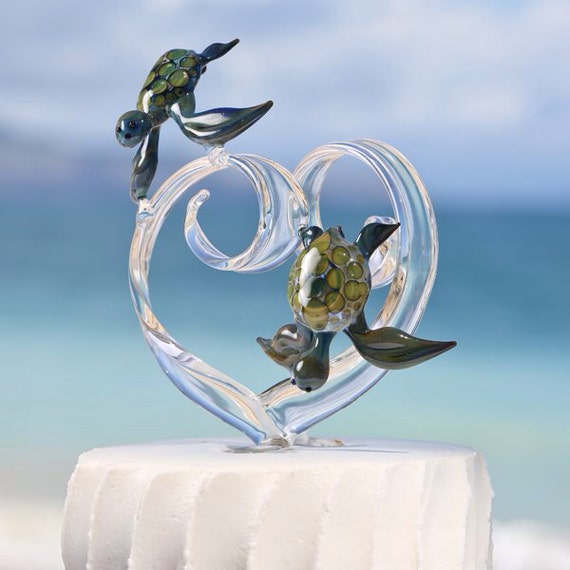 Custom Glass Heart Wedding Cake Topper with Two Turtles Custom Glass Heart Wedding Cake Topper with Two Turtles