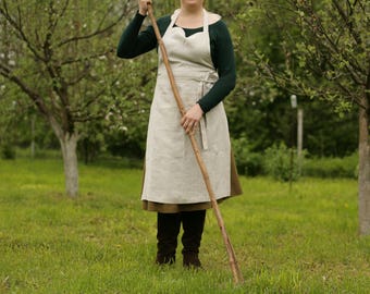 striped linen apron with pocket - long linen apron for women - natural linen apron - full apron woman - mom gift apron - kitchen apron