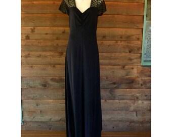Vintage 60s Thomas Wardle, black stretch dress with lace shoulders, Size M