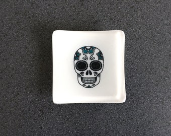 Sugar Skull Trinket Dish - White/Black/Turquoise