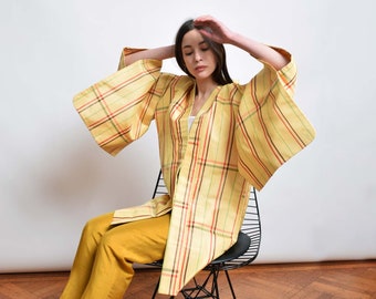 1950s Soft Yellow Silk Haori Kimono 50s Vintage Plaid Check Japanese Robe XS S M L
