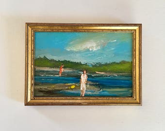 Woman on Beach Scene Impressionistic Painting- Figures on Beach Painting- Original-6 x 8-1/2 approx. inch - including Frame